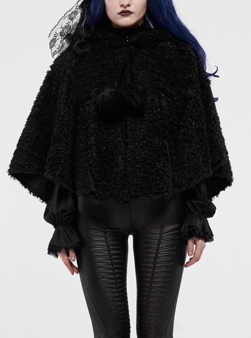 Plush Heart-Shaped Hollow-Out Ball Cap Rope Irregular Hem Black Gothic Lolita Hooded Cape