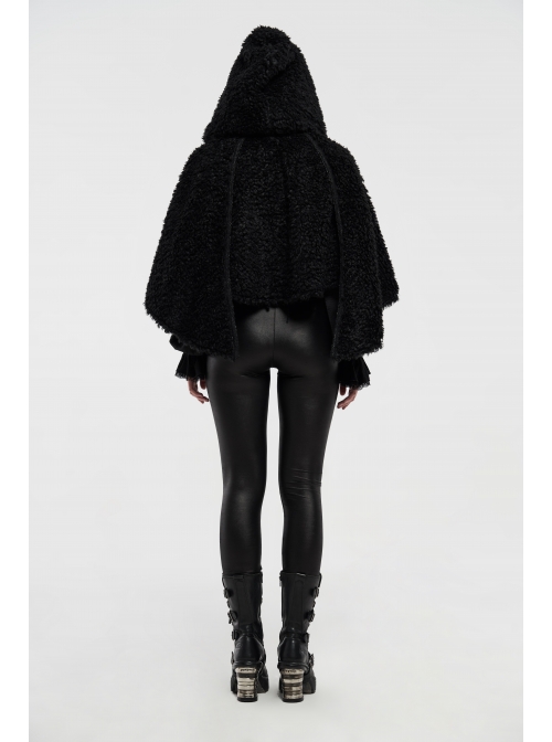 Plush Heart-Shaped Hollow-Out Ball Cap Rope Irregular Hem Black Gothic Lolita Hooded Cape