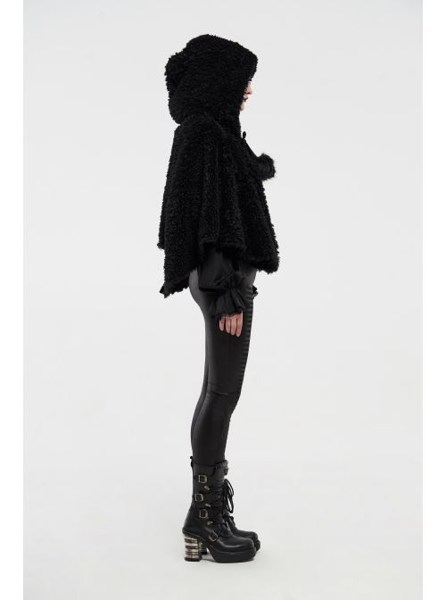 Plush Heart-Shaped Hollow-Out Ball Cap Rope Irregular Hem Black Gothic Lolita Hooded Cape