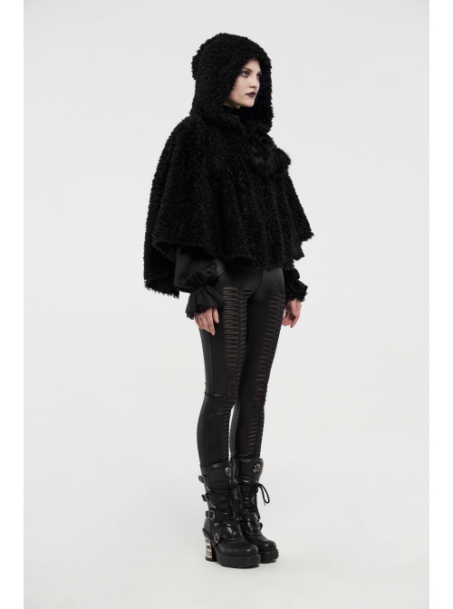 Plush Heart-Shaped Hollow-Out Ball Cap Rope Irregular Hem Black Gothic Lolita Hooded Cape