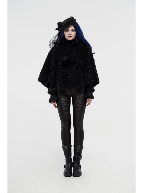Plush Heart-Shaped Hollow-Out Ball Cap Rope Irregular Hem Black Gothic Lolita Hooded Cape