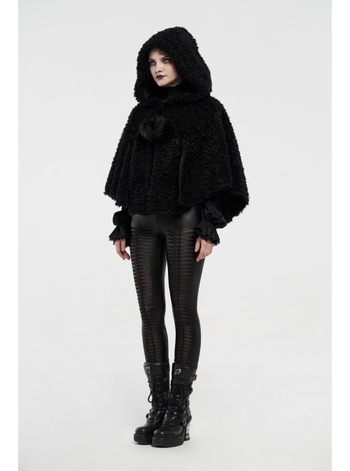 Plush Heart-Shaped Hollow-Out Ball Cap Rope Irregular Hem Black Gothic Lolita Hooded Cape
