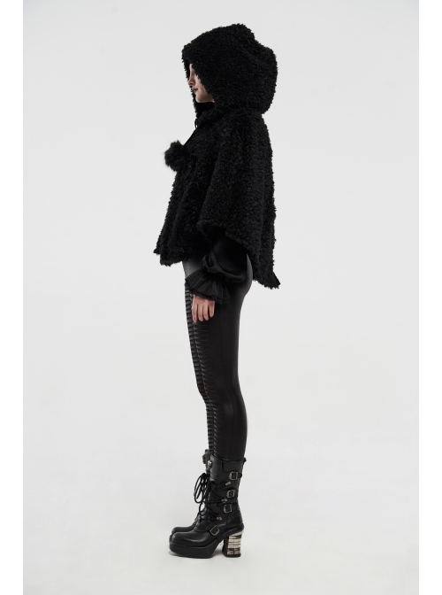 Plush Heart-Shaped Hollow-Out Ball Cap Rope Irregular Hem Black Gothic Lolita Hooded Cape