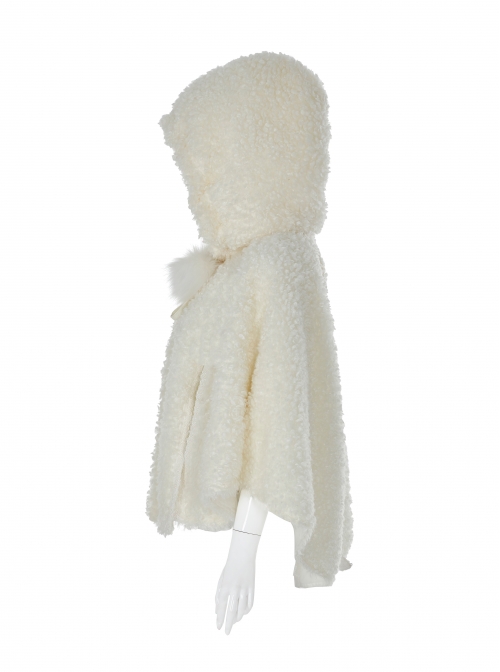 Plush Heart-Shaped Hollow-Out Ball Cap Rope Irregular Hem White Gothic Lolita Hooded Cape