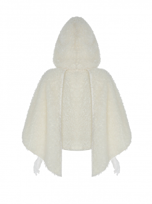 Plush Heart-Shaped Hollow-Out Ball Cap Rope Irregular Hem White Gothic Lolita Hooded Cape