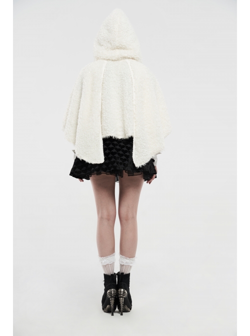 Plush Heart-Shaped Hollow-Out Ball Cap Rope Irregular Hem White Gothic Lolita Hooded Cape