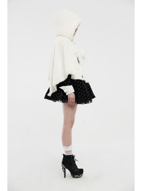 Plush Heart-Shaped Hollow-Out Ball Cap Rope Irregular Hem White Gothic Lolita Hooded Cape
