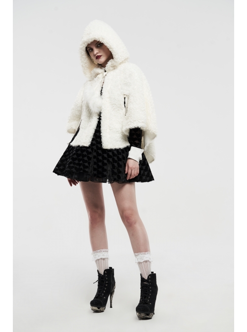 Plush Heart-Shaped Hollow-Out Ball Cap Rope Irregular Hem White Gothic Lolita Hooded Cape