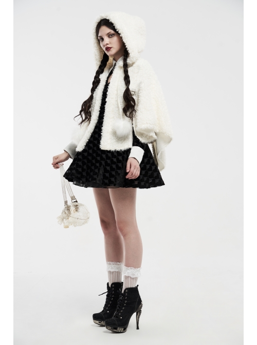 Plush Heart-Shaped Hollow-Out Ball Cap Rope Irregular Hem White Gothic Lolita Hooded Cape