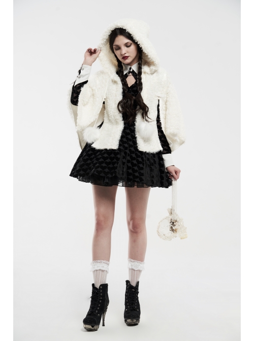 Plush Heart-Shaped Hollow-Out Ball Cap Rope Irregular Hem White Gothic Lolita Hooded Cape