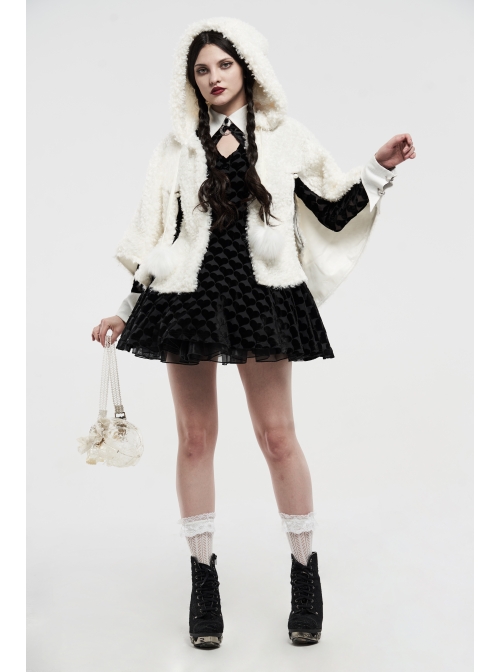 Plush Heart-Shaped Hollow-Out Ball Cap Rope Irregular Hem White Gothic Lolita Hooded Cape