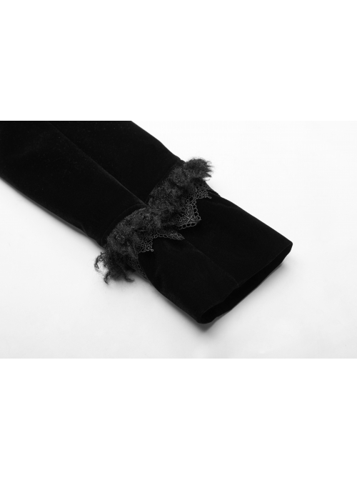 Fur Collar Front Placket Glass Imitation Diamond Buttons Back Waist Lace-Up Black Gothic Velveteen Woven Long Coat