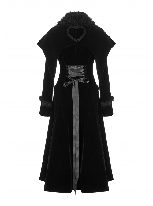 Fur Collar Front Placket Glass Imitation Diamond Buttons Back Waist Lace-Up Black Gothic Velveteen Woven Long Coat