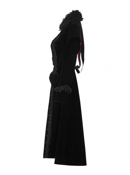 Fur Collar Front Placket Glass Imitation Diamond Buttons Back Waist Lace-Up Black Gothic Velveteen Woven Long Coat