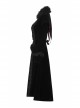 Fur Collar Front Placket Glass Imitation Diamond Buttons Back Waist Lace-Up Black Gothic Velveteen Woven Long Coat