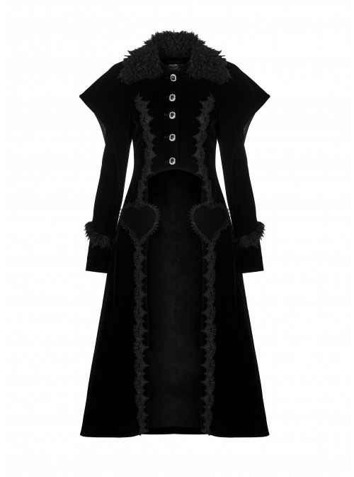 Fur Collar Front Placket Glass Imitation Diamond Buttons Back Waist Lace-Up Black Gothic Velveteen Woven Long Coat
