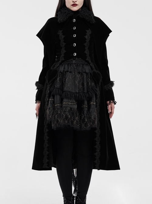 Fur Collar Front Placket Glass Imitation Diamond Buttons Back Waist Lace-Up Black Gothic Velveteen Woven Long Coat