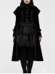 Fur Collar Front Placket Glass Imitation Diamond Buttons Back Waist Lace-Up Black Gothic Velveteen Woven Long Coat