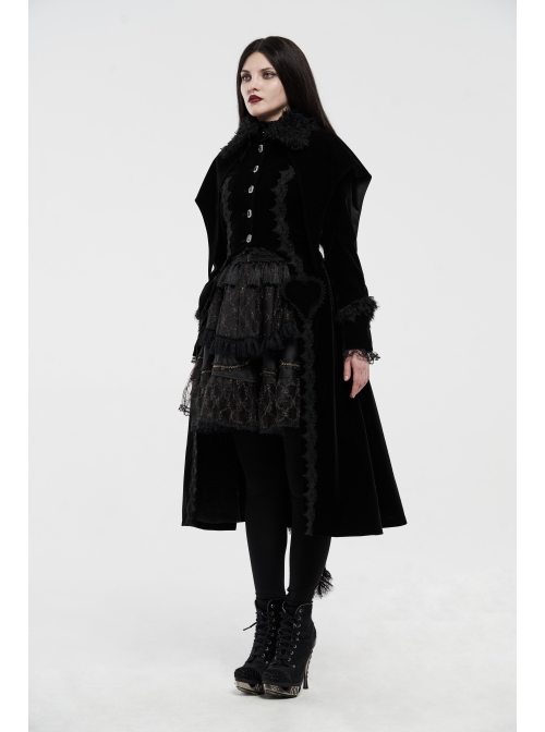 Fur Collar Front Placket Glass Imitation Diamond Buttons Back Waist Lace-Up Black Gothic Velveteen Woven Long Coat