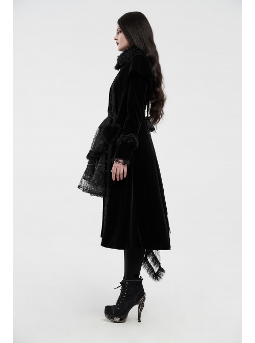 Fur Collar Front Placket Glass Imitation Diamond Buttons Back Waist Lace-Up Black Gothic Velveteen Woven Long Coat