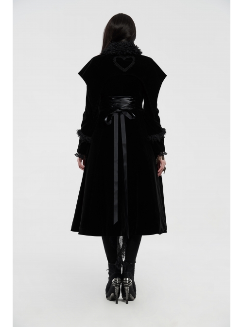Fur Collar Front Placket Glass Imitation Diamond Buttons Back Waist Lace-Up Black Gothic Velveteen Woven Long Coat