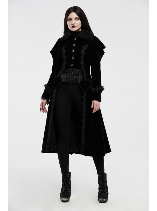 Fur Collar Front Placket Glass Imitation Diamond Buttons Back Waist Lace-Up Black Gothic Velveteen Woven Long Coat