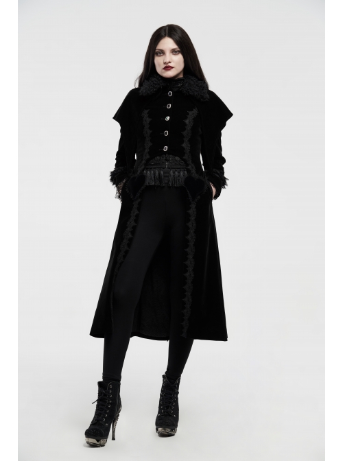 Fur Collar Front Placket Glass Imitation Diamond Buttons Back Waist Lace-Up Black Gothic Velveteen Woven Long Coat
