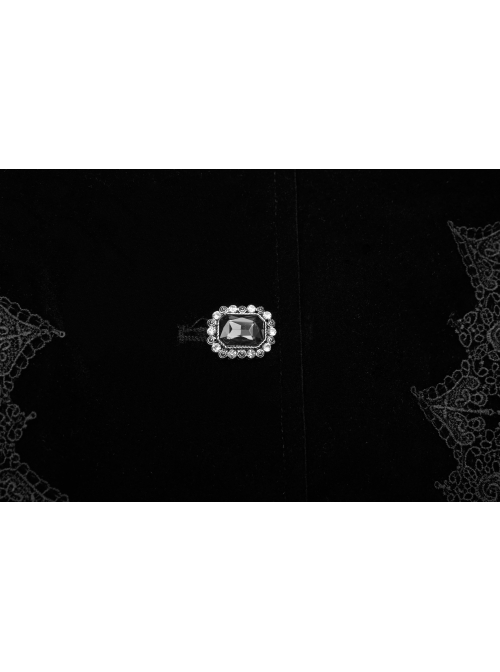 Fur Collar Front Placket Glass Imitation Diamond Buttons Back Waist Lace-Up Black Gothic Velveteen Woven Long Coat