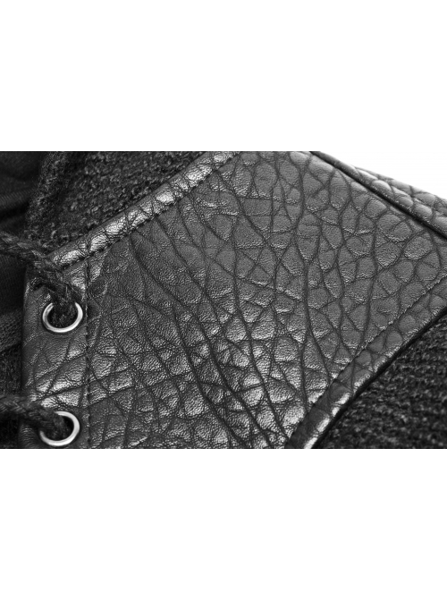 Coarse Grain Wool Weave V-Neck Chest Lace-Up Leather Bandage Black Punk Hooded Sweater