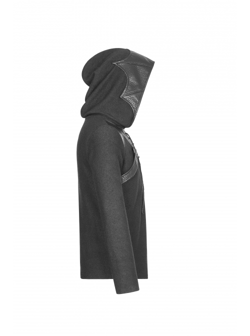 Coarse Grain Wool Weave V-Neck Chest Lace-Up Leather Bandage Black Punk Hooded Sweater