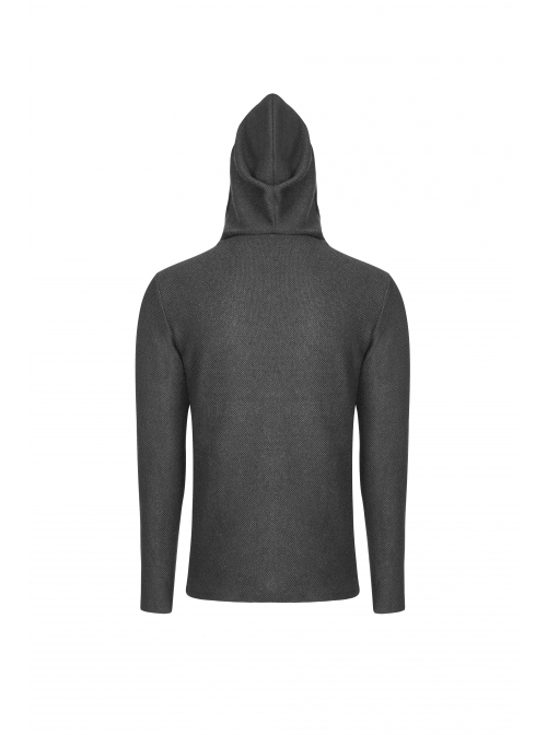 Coarse Grain Wool Weave V-Neck Chest Lace-Up Leather Bandage Black Punk Hooded Sweater