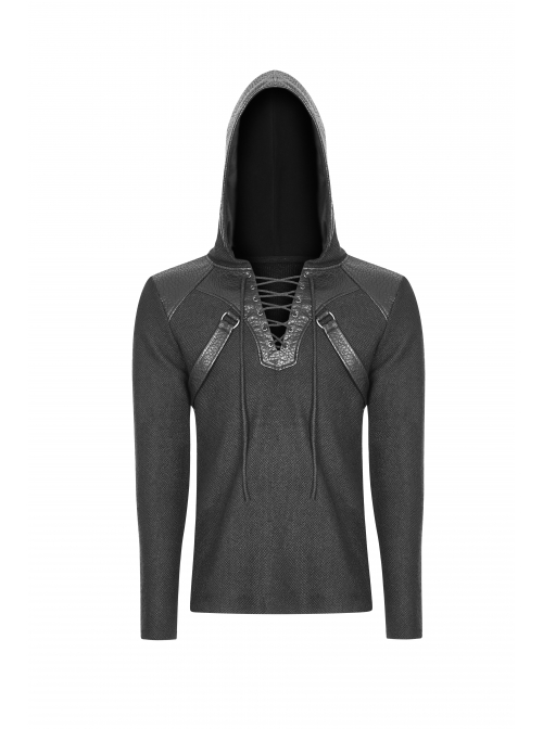 Coarse Grain Wool Weave V-Neck Chest Lace-Up Leather Bandage Black Punk Hooded Sweater