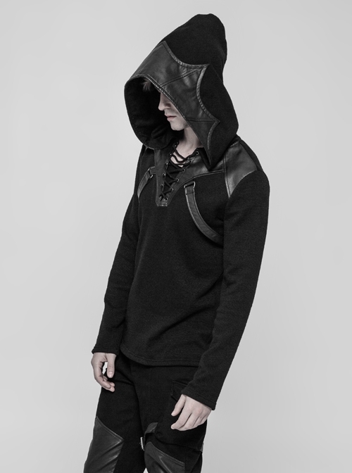 Coarse Grain Wool Weave V-Neck Chest Lace-Up Leather Bandage Black Punk Hooded Sweater