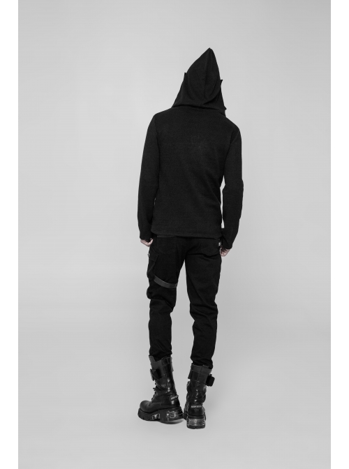 Coarse Grain Wool Weave V-Neck Chest Lace-Up Leather Bandage Black Punk Hooded Sweater