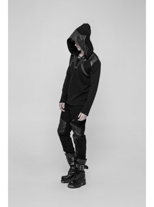 Coarse Grain Wool Weave V-Neck Chest Lace-Up Leather Bandage Black Punk Hooded Sweater