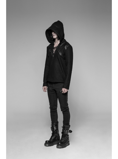 Coarse Grain Wool Weave V-Neck Chest Lace-Up Leather Bandage Black Punk Hooded Sweater