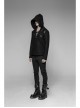 Coarse Grain Wool Weave V-Neck Chest Lace-Up Leather Bandage Black Punk Hooded Sweater