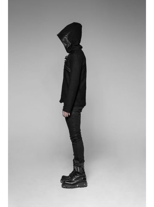 Coarse Grain Wool Weave V-Neck Chest Lace-Up Leather Bandage Black Punk Hooded Sweater