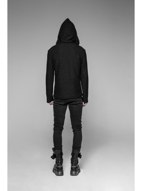 Coarse Grain Wool Weave V-Neck Chest Lace-Up Leather Bandage Black Punk Hooded Sweater