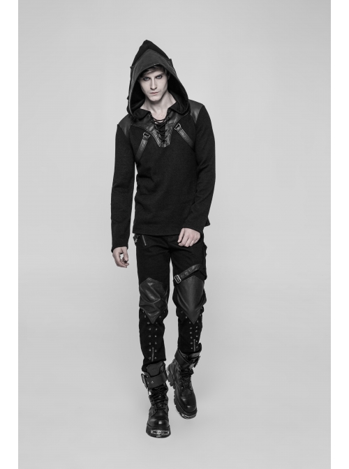 Coarse Grain Wool Weave V-Neck Chest Lace-Up Leather Bandage Black Punk Hooded Sweater