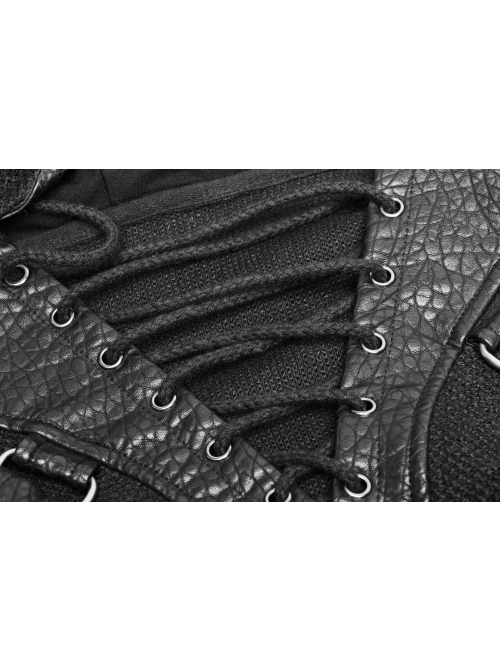 Coarse Grain Wool Weave V-Neck Chest Lace-Up Leather Bandage Black Punk Hooded Sweater