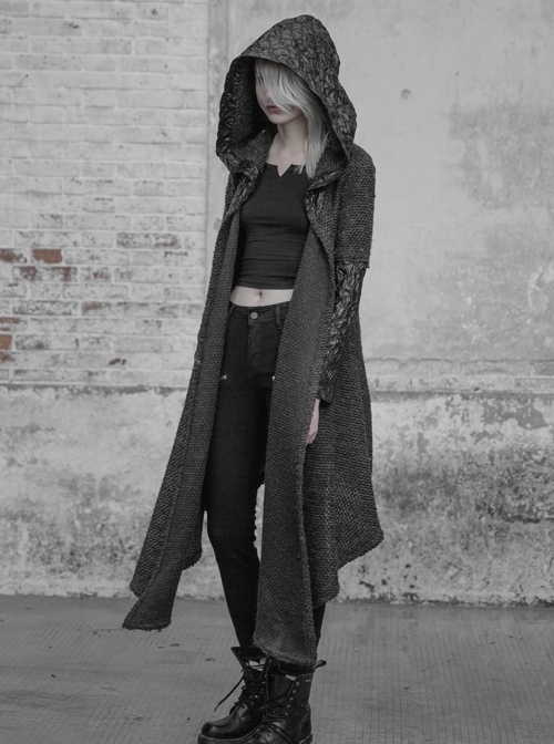 Skin Texture PU Leather Sleeves Black Gothic Medium Hooded Cardigan Granular Wool Coat