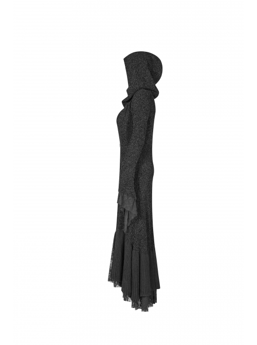Metal Retro Pattern Hasp Horn Sleeve Lace Hem Black Gothic Thickened Wool Woven Hooded Long Coat