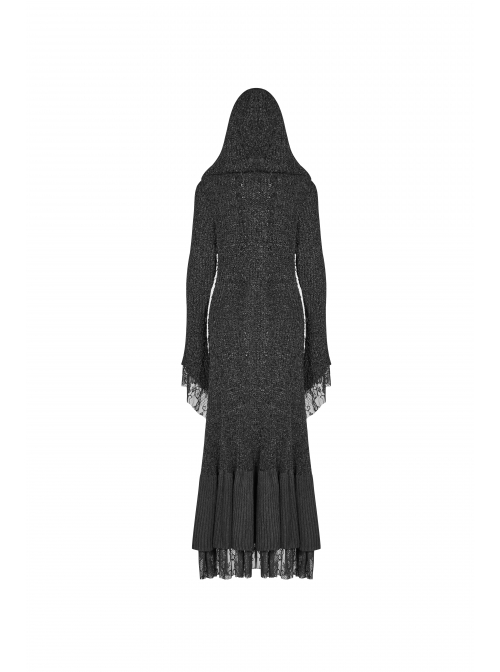 Metal Retro Pattern Hasp Horn Sleeve Lace Hem Black Gothic Thickened Wool Woven Hooded Long Coat