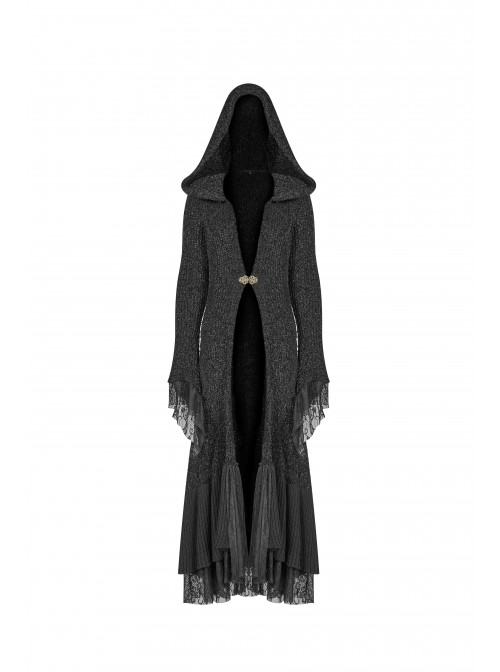 Metal Retro Pattern Hasp Horn Sleeve Lace Hem Black Gothic Thickened Wool Woven Hooded Long Coat