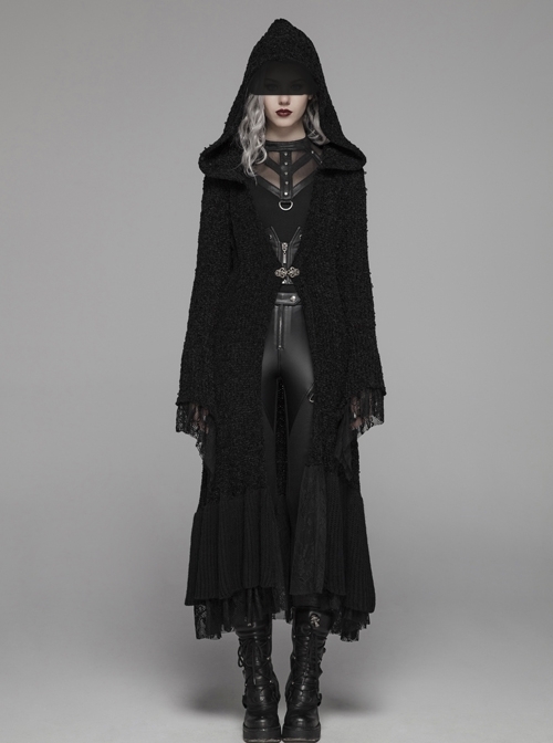 Metal Retro Pattern Hasp Horn Sleeve Lace Hem Black Gothic Thickened Wool Woven Hooded Long Coat