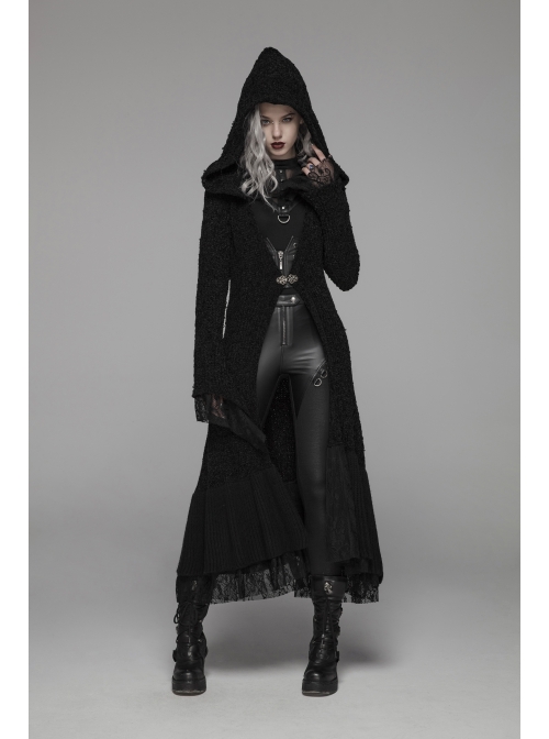 Metal Retro Pattern Hasp Horn Sleeve Lace Hem Black Gothic Thickened Wool Woven Hooded Long Coat