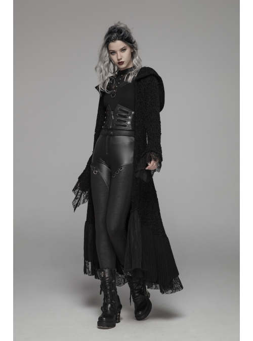 Metal Retro Pattern Hasp Horn Sleeve Lace Hem Black Gothic Thickened Wool Woven Hooded Long Coat