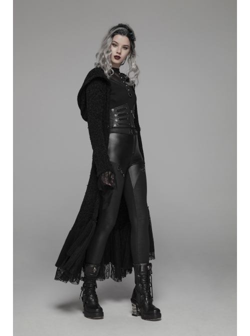 Metal Retro Pattern Hasp Horn Sleeve Lace Hem Black Gothic Thickened Wool Woven Hooded Long Coat