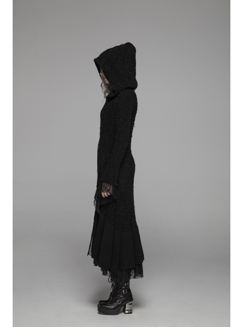 Metal Retro Pattern Hasp Horn Sleeve Lace Hem Black Gothic Thickened Wool Woven Hooded Long Coat